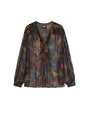 Sheer long-sleeved blouse with a multicolored horse pattern, V-neckline with front ties, gathered shoulders and cuffs, and a visible label inside the collar.