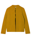 Mustard yellow knitted cardigan with long sleeves and an open front, featuring intricate textured patterns along the front and sleeves.