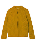 Mustard yellow knitted cardigan with long sleeves and an open front, featuring intricate textured patterns along the front and sleeves.