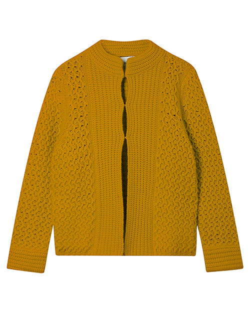 Mustard yellow knitted cardigan with long sleeves and an open front, featuring intricate textured patterns along the front and sleeves.