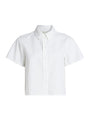 A white, short-sleeved, button-up shirt with a collar. The shirt has a simple and clean design with no visible patterns or logos. No person appears in the image.