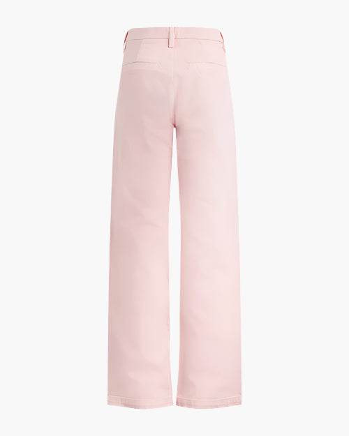 The backside view of a pair of light pink pants with belt loops and two back pockets. The background is plain white.