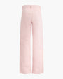 The backside view of a pair of light pink pants with belt loops and two back pockets. The background is plain white.