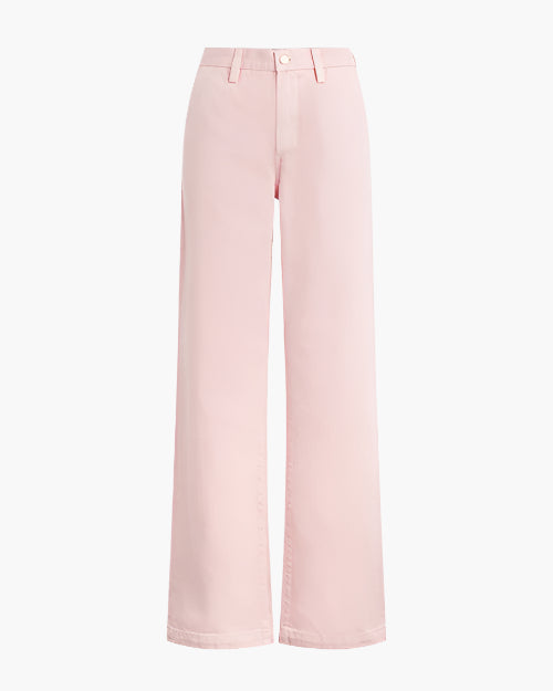 The frontside view of a pair of light pink pants with belt loops and two front pockets. The background is plain white.
