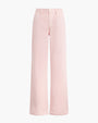 The frontside view of a pair of light pink pants with belt loops and two front pockets. The background is plain white.