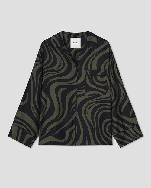 Dark olive and black button-up shirt with an abstract swirling pattern, featuring a relaxed fit and chest pocket.