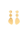 A pair of gold-colored earrings, each featuring three connected parts: a small, irregularly shaped top piece, a round middle piece, and a larger, irregularly shaped bottom piece. All segments have a textured finish.