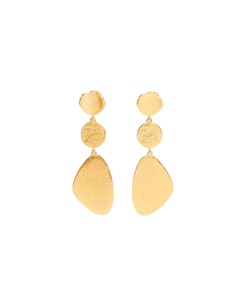 A pair of gold-colored earrings, each featuring three connected parts: a small, irregularly shaped top piece, a round middle piece, and a larger, irregularly shaped bottom piece. All segments have a textured finish.