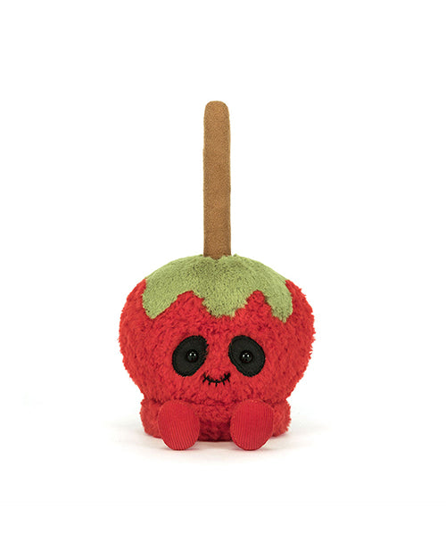 Plush toy shaped like a red apple with a brown stem on a white background