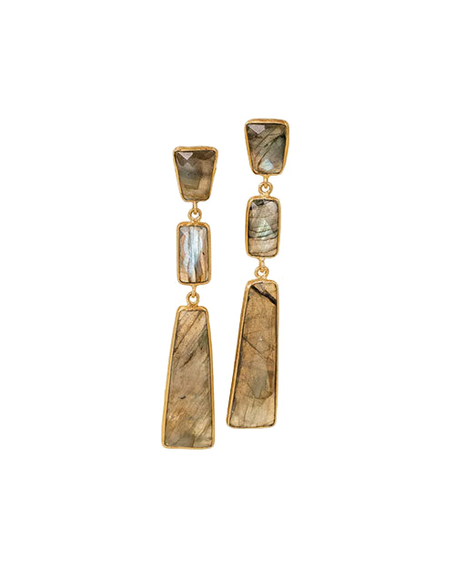 A pair of dangling earrings featuring labradorite stones set in gold. Each earring has three sections: a small, irregularly shaped stone at the top, a rectangular stone in the middle, and a larger trapezoidal stone at the bottom. The labradorite stones display earthy tones with flashes of iridescent blue and green.