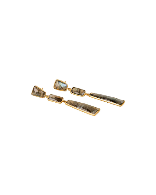 A pair of dangling earrings with three segments each, featuring labradorite stones set in gold frames. The image is taken from a slightly elevated angle, showing both the front and side views of the earrings.