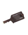Brown leather luggage tag with a transparent window and adjustable strap.