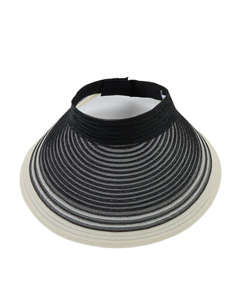 Striped visor hat with black and white stripes on a white background