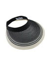 Black and white striped visor with a a tag reading "Eugenia Kim" on a white background