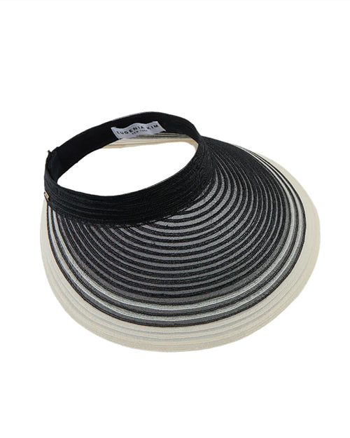 Black and white striped visor with a a tag reading "Eugenia Kim" on a white background