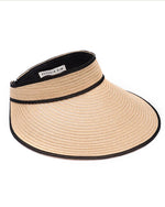 Beige visor hat with black trim on a white background. Eugenia Kim tag shown on the inside.