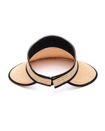Back view of a beige visor hat with black trim on a white background