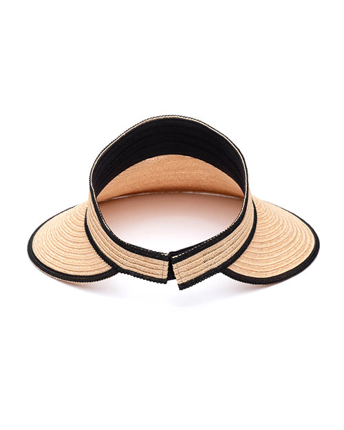 Back view of a beige visor hat with black trim on a white background