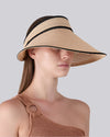 Side view of a person wearing a wide-brimmed straw hat with black trim and a one-shoulder knitted top featuring a ring detail on the strap.