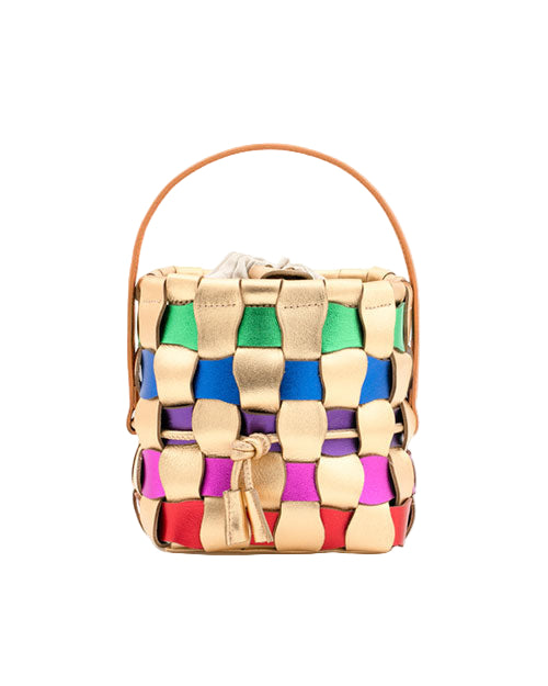 Colorful woven handbag with a handle, made of interlaced strips in beige, green, blue, purple, and pink.