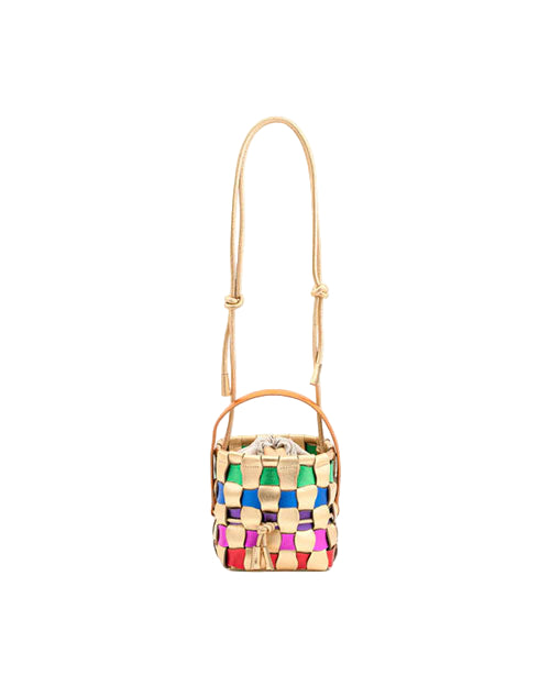 Small woven handbag with a drawstring closure, short handle, and long adjustable strap; features a colorful pattern with green, blue, pink, red, and beige strips.