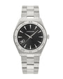 Silver Ferragamo watch with black dial on a white background
