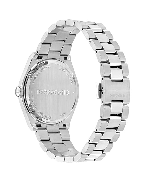 Back view of a Ferragamo wristwatch with a stainless steel band. The polished case back is engraved with "FERRAGAMO" in large letters, surrounded by the text "SAPPHIRE CRYSTAL," "STAINLESS STEEL," and "SWISS MADE." The clasp on the metal band also features the Ferragamo logo.