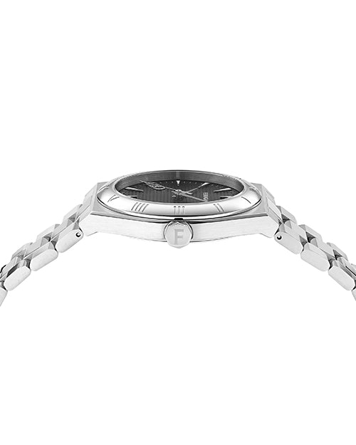 ide view of a silver wristwatch with a metal link band. The watch face is dark and features Roman numerals, while the crown is engraved with the letter "F" on a white background.