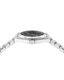 ide view of a silver wristwatch with a metal link band. The watch face is dark and features Roman numerals, while the crown is engraved with the letter "F" on a white background.