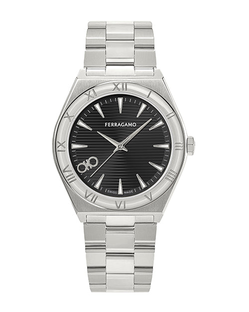 Silver Ferragamo watch with black dial on a white background