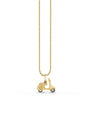 A gold necklace with a pendant in the shape of a classic scooter on a plain white background. The scooter pendant is detailed, featuring wheels, a seat, and handlebars. The chain is thin and delicate, suggesting the jewelry piece is elegant and possibly intended for fashion purposes.
