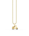 A gold necklace with a pendant in the shape of a classic scooter on a plain white background. The scooter pendant is detailed, featuring wheels, a seat, and handlebars. The chain is thin and delicate, suggesting the jewelry piece is elegant and possibly intended for fashion purposes.