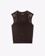A full view of a brown V-neck tank-top with white Western style rhinestone designs at the shoulders. The background is plain white.