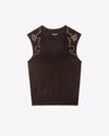 A full view of a brown V-neck tank-top with white Western style rhinestone designs at the shoulders. The background is plain white.