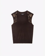 A full view of a brown V-neck tank-top with white Western style rhinestone designs at the shoulders. The background is plain white.