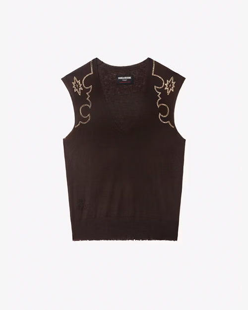 A full view of a brown V-neck tank-top with white Western style rhinestone designs at the shoulders. The background is plain white.