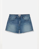 A pair of denim shorts in a faded blue wash with frayed hems at the bottom, silver accents at the pockets. The shorts feature belt loops, a button closure, and a zip fly.