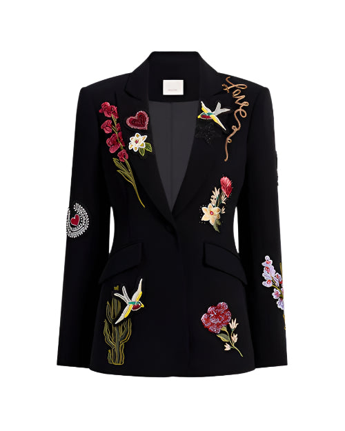 Black blazer with colorful floral and bird embroidery and 'love' on the right shoulder on a white background