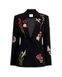 Black blazer with colorful floral and bird embroidery and 'love' on the right shoulder on a white background