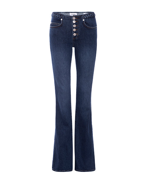 High-waisted dark blue flare jeans with visible silver hardware button fly. Fitted thigh and knee design flares out for a bell-bottom silhouette. Includes front pockets and braided waist detail.