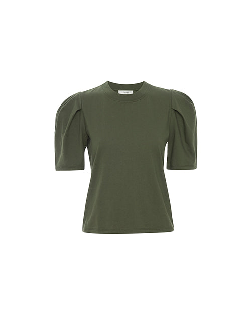 A plain olive green shirt with short puffed sleeves and a round neckline. 