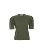 A plain olive green shirt with short puffed sleeves and a round neckline. 