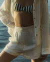 A person wearing white linen shorts with a matching top, shirt is open showing  a white and black striped swimsuit top.