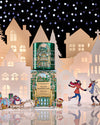 Decorative Christmas scene with a green candle and box  labeled 'Winter Wonderland' against a festive village backdrop.