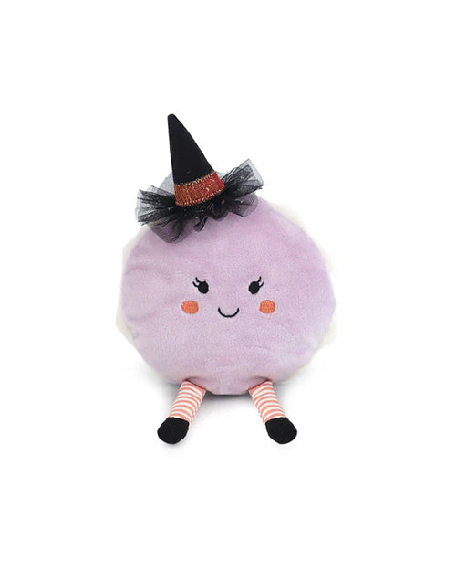 Plush macaron toy resembling a witch with a purple body, black hat, and striped socks on a white background