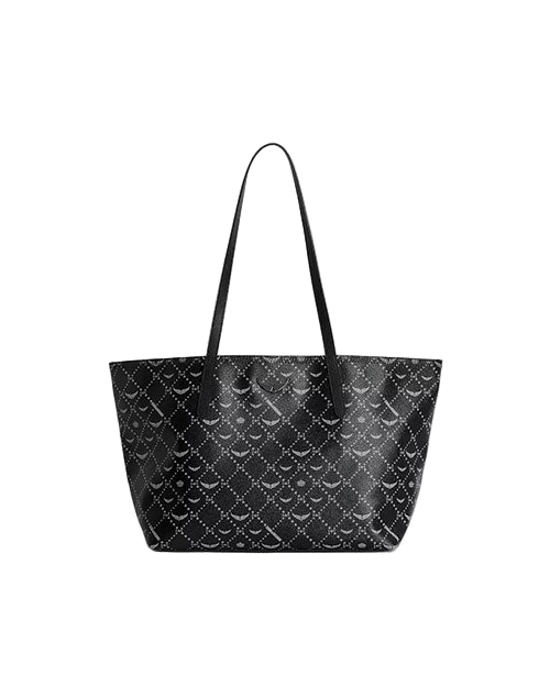 A black tote bag with two long handles, featuring a pattern of small white dots arranged in a diamond grid, each diamond containing a crescent shape.