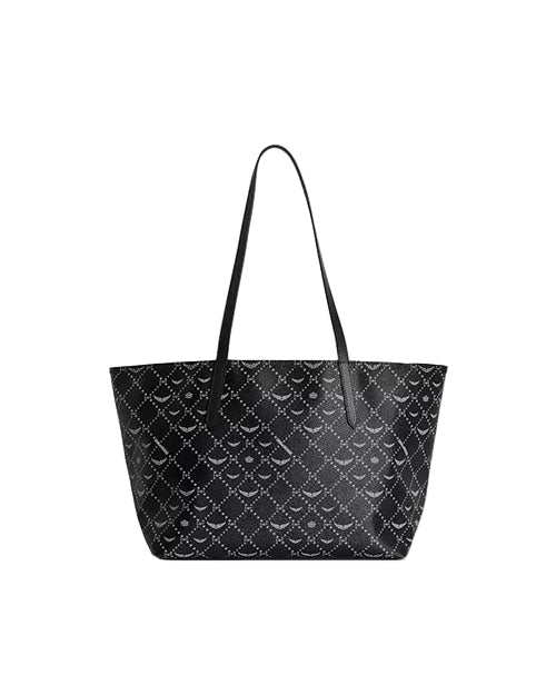 A black tote bag with two long handles, featuring a decorative pattern of small white dots arranged in a diamond grid, each diamond containing an arc or semi-circle design.