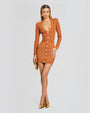 Orange long sleeve dress, with gold buttons. The dress has a low V-neck plunge, and ribbed, metallic material. The dress is styled with gold pointed heels, and clutch.