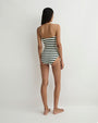 Rear view of a person wearing a strapless, horizontally striped one-piece swimsuit in green and white against a plain light background.