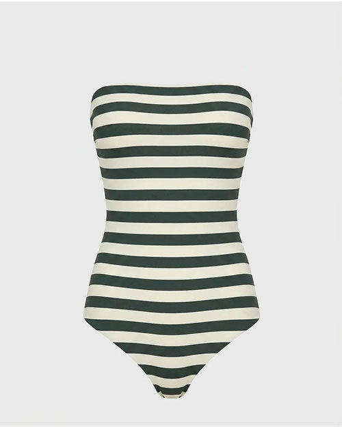 Strapless, horizontally striped green and white one-piece swimsuit. 